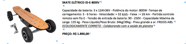 skate eletrico 800 wts.